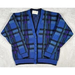 Pendleton Wool Cardigan Vintage Small Blue Purple Plaid V-Neck Grandma Grandpa